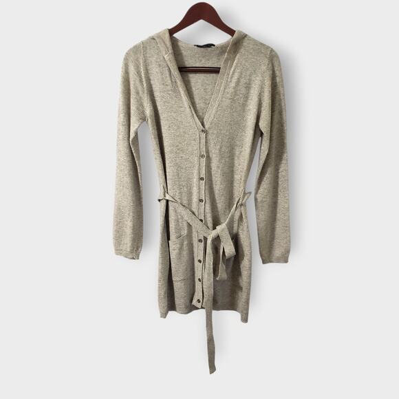 BCBGMAXAZRIA Angora Cashmere Tie Front Longline Hooded Cardigan Oatmeal Sz Med - Picture 1 of 13
